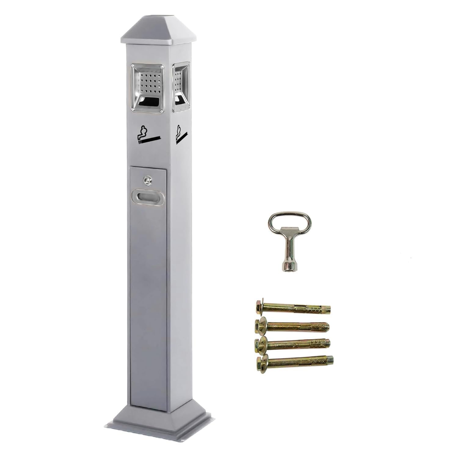 Cubo de basura vertical de acero inoxidable con 4 entradas, 120 cm, para exteriores, con cierre