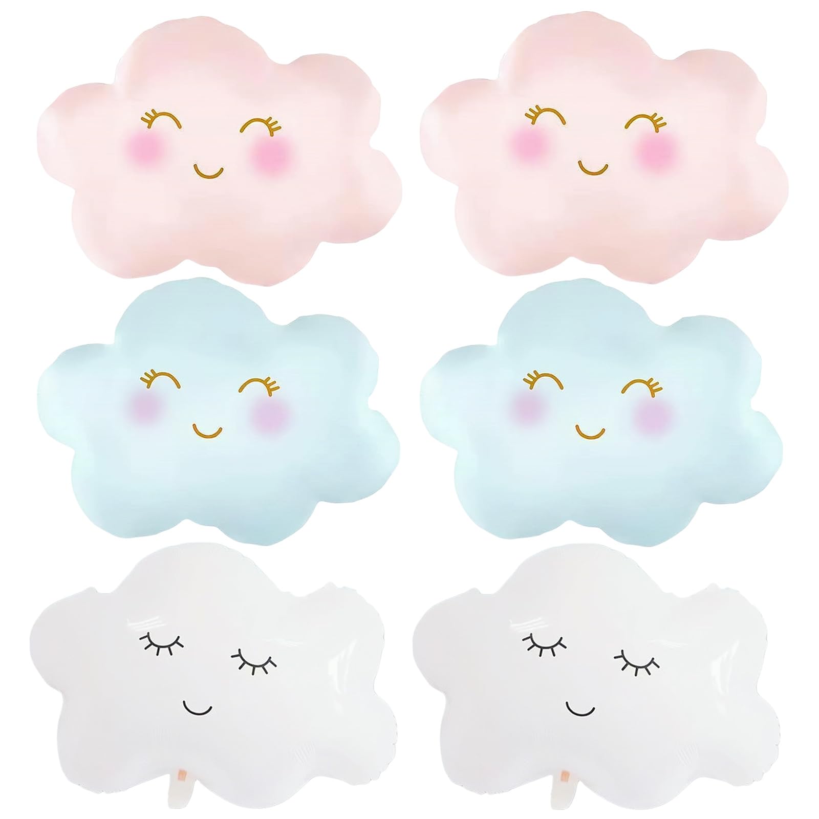 6 Pieces Cute Cloud Balloon Set - Assorted Colors, Including 2 Blue, 2 Pink, and 2 White Smiling Cloud-Shaped Foil Balloons for Baby Showers, Birthday Parties, Wedding and Nursery Room Decorations