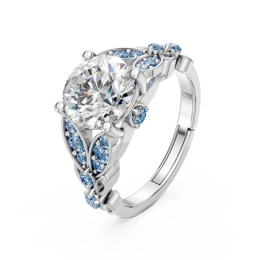 925 Sterling Silver Adjustable Engagement Ring for Women | Round-Cut Cubic Zirconia | Leaf Design with Blue & White CZ Accents | Wedding, Gift & Party Jewelry-image-27