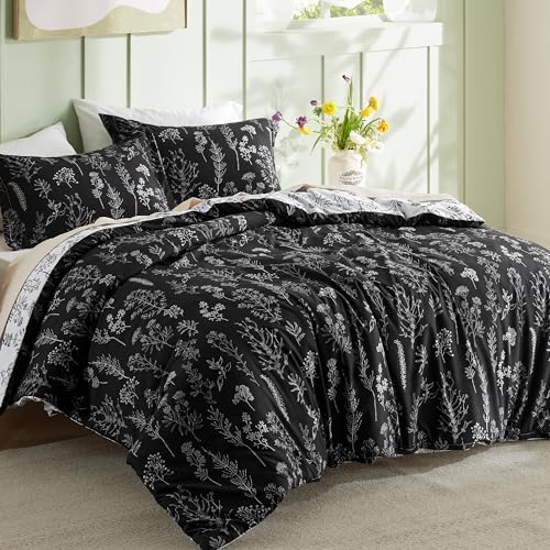 Image of Bedsure Duvet Cover Queen Size - Reversible Black Queen Duvet Cover Set with Zipper Closure, 3 Pieces Floral Patterned Bedding Set with 8 Corner Ties and 2 Pillow Shams
