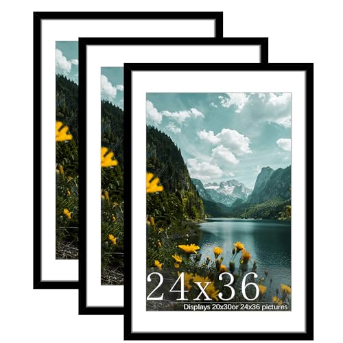 Picrit 24x36 Picture Frame 3 Pack, Black Poster Frame, Display Poster 20 x 30 with Mat or 24 x 36 without Mat for Horizontal or Vertical Wall Mounting