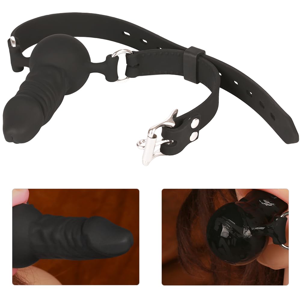 FST Silicone Realistic Dildo Gag with Ball, Adjustable Strap on Mouth Gag for SM