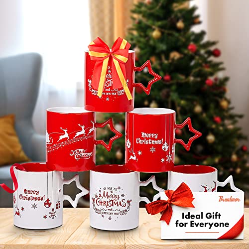 Bruntmor Red & White Christmas Coffee Mugs With Star Handle Set Of 6 | Large-Sized Christmas Mugs 14 Ounce New Year Holidays Novelty Christmas Cups - Decorative Diy Christmas Cute Mugs For Hot Or Cold #TOP2