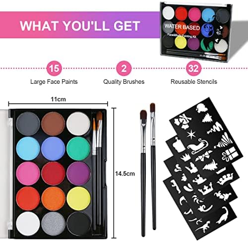 URAQT Face Paint, 15 Color Face Painting Palette with 2 Brushes 32 Stencils, Washable Face Paints Safe Body Paint for Adults Kids Halloween Carnival, Makeup Paint Non-Toxic to Use - View 6