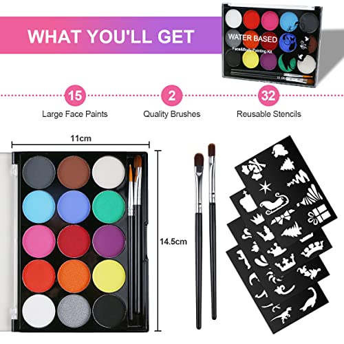 URAQT Kinderschminke Set, 15 Farben Schminkfarben Schminkpalette, Waschbar Face Paint Bodypaint Schminkset, Körperfarbe Kinder mit 2 Pinsel und 32 Tattoos für Halloween Karneval Make-up Fasching