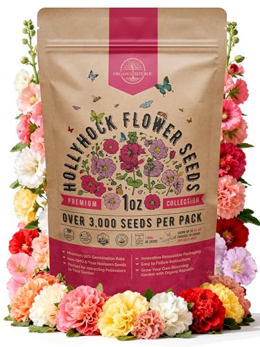 Hollyhock Flower Seeds Pack 1 oz - Over 3 000 Non-GMO Heirloom Hollyhock Seeds for Planting Indoor & Outdoor Gardening Flower Seed for Home and Garden in Individual Packet Floral Perennial Mix