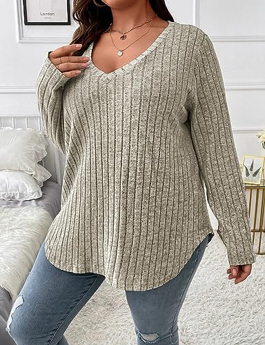 Image of Koscacy Women Plus Size Casual Knit Sweater V Neck Solid Color Tops Lightweight Long Sleeve Blouses