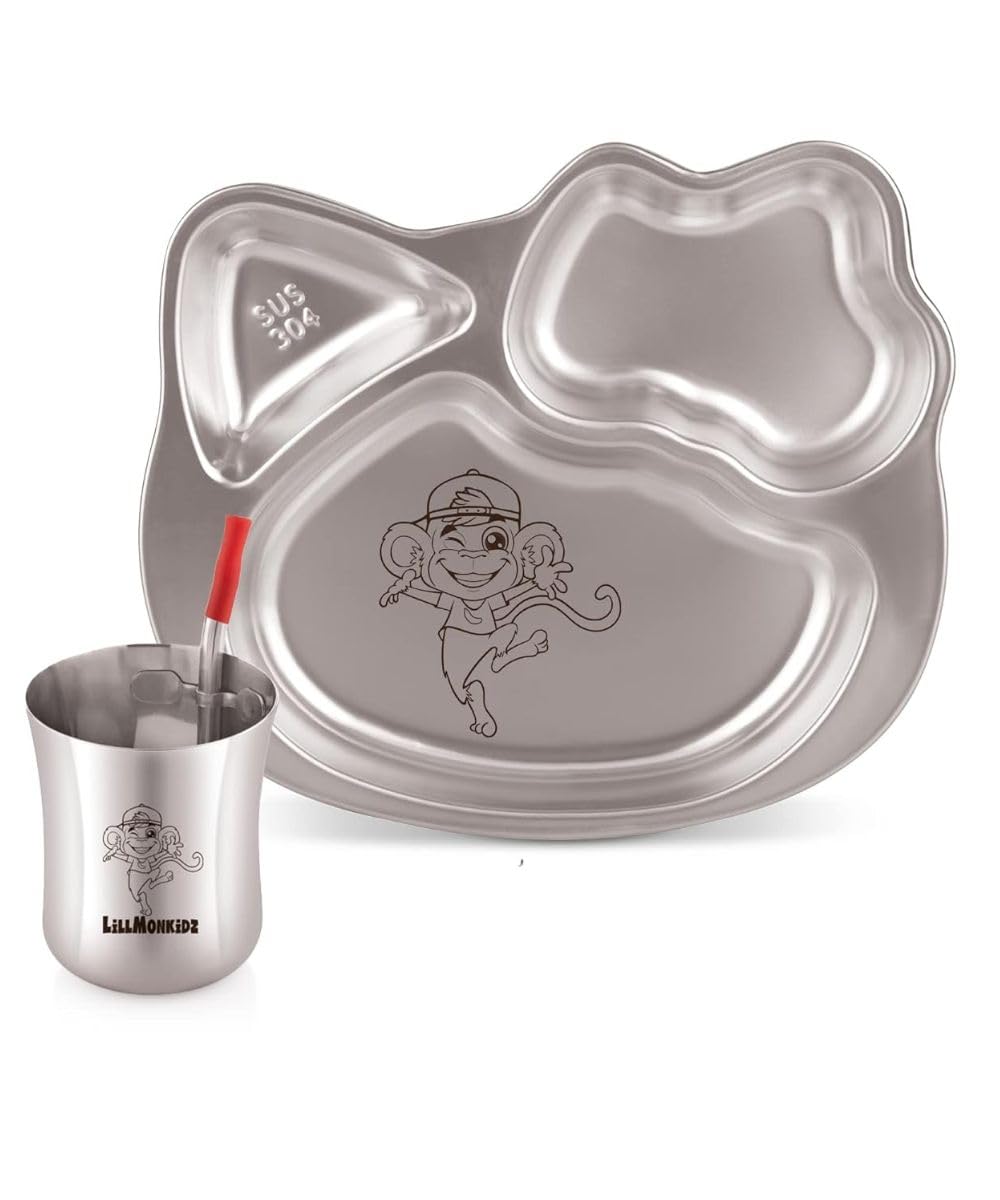 LiLLMONKiDZ Stainless Steel Plates Printed Tableware For Kids | Creative Shape Plates Set | Compartment Plate Set With Glass, Spoon And Fork | (Cat) - Kid's Dinner Set-image-7