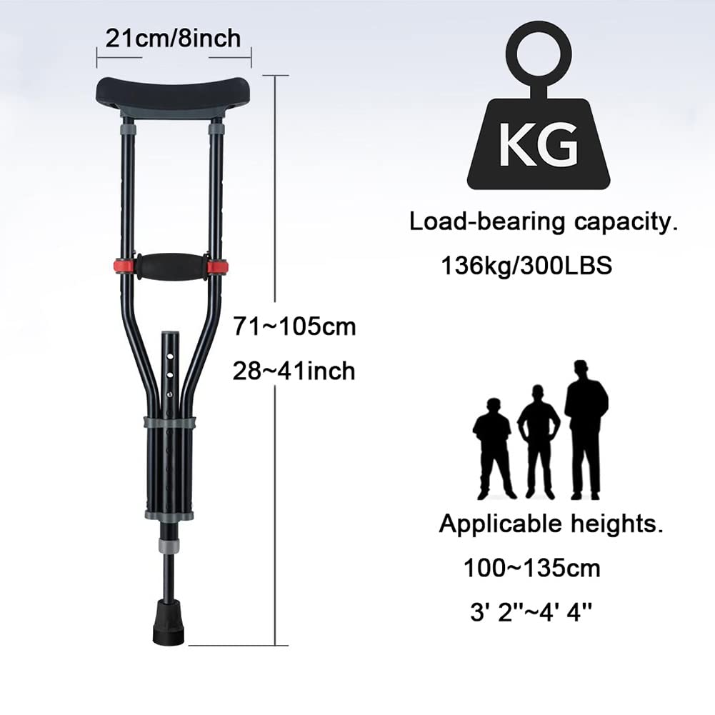 Muletas Axilares para Niños, Muletas de Aluminio de Altura Ajustable, Muletas Médicas para Caminar, Cómodas Almohadillas Axilares, Altura Aplicable 100~135cm