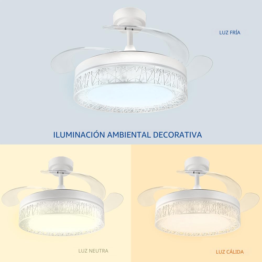 M mimotec - White Aqua Ventilador de Techo LED 66W con Luz CCT Regulable y Control de Intensidad, Motor DC 30W+Luz Led 36W, Silencioso, 6 Velocidades, 4 Aspas Retráctiles, Temporizador.
