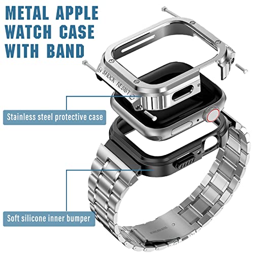 Miohhr Stainless Steel Watch Band With Case Compatible With Apple Watch Series 6/5/4/Se(44Mm),Rugged Strap With Metal Protective Bumper Cover For Iwatch Band Men(Silver) #TOP2