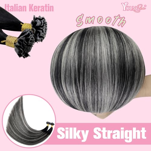 Image of YoungSee K Tip Extensions Human Hair Ombre Remy Ktip Hair Extensions Natural Black Roots to Silver Grey Balayage Ktip Human Hair Extensions Long for Women 24inch 50g 50s