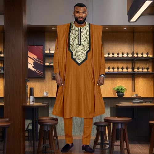 African Mens Apparel Agbada Clothing Embroidery Shirts and Pants Outfits 3 Pieces Set Dashiki Kaftan2