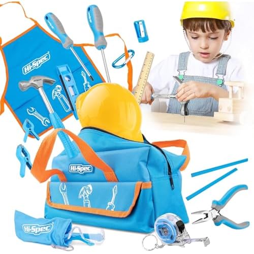 Hi-Spec 18-teiliges Kinder-Werkzeugset mit echten Handwerkzeugen, einschließlich Sicherheitbrille und Spielzeughelm – Alles in Einer praktischen Aufbewahrungstasche