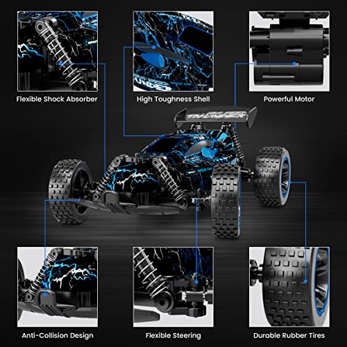 Image of Tecnock RC Racing Car, 2.4Ghz High Speed Remote Control Car, 1:18 2WD Toy Cars Buggy for Boys & Girls with Two Rechargeable Batteries for Car, Gift for Kids(Blue&Light)
