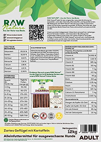 RAW Nature Trockenfutter Adult mit Huhn 12kg, kaltgepresstes Hundefutter, Getreidefrei, 100% Muskelfleisch, hoher Fleischanteil, ohne künstliche Zusätze, für alle Rassen geeignet