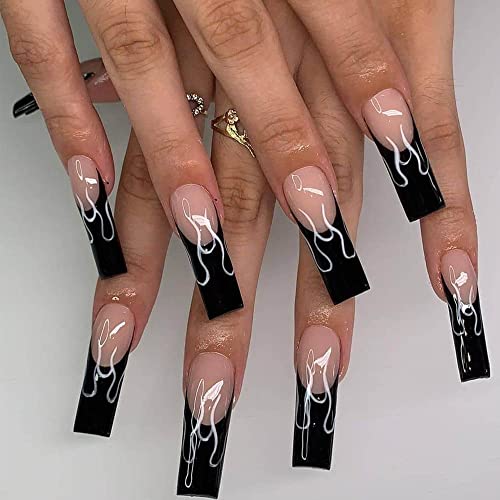 Feilisa French Luxury Fake Nails Extra Long Press on Fire Black Nails Square Acrylic False Nails With Glue Sticker Prom Women's Nails False Nail - Tips 24 pcs