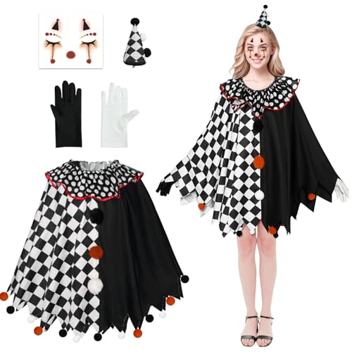 Formemory Damen Clown Kostüm Set: Harlekin Umhang Zirkus Kostüm mit Kopfschmuck Handschuhe und Tattoo für Karneval Fasching Mottopartys