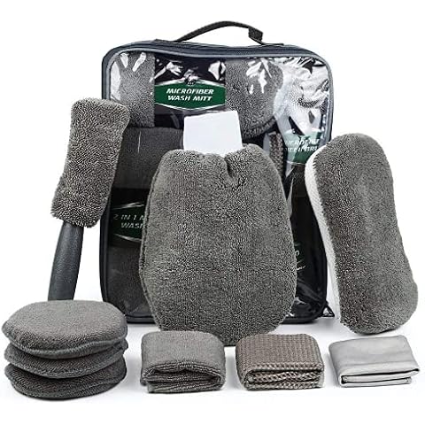 SunTop 9 Pcs Car Wash Tool Cleaning Kit With Bag, Car Wash Kit, Car Care Clean Tool, Auto wash mitt, Microfiber Towel, Wash Gloves, Wheel Brush Applicator Pad, Wash Sponge, Microfiber Mitt Cover