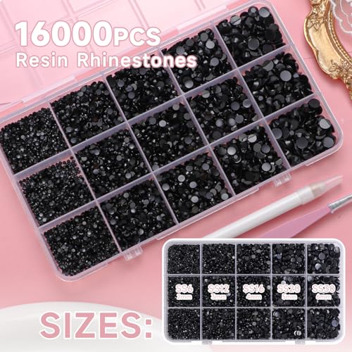 Image of 16000 Pcs Black Resin Rhinestones for Crafting, Flatback Black Gems Jelly Rhinestones, Mixed Sizes Bedazzling Crystal with Pickup Tool for DIY Crafts Clothing Tumblers Mugs Shoes Fabric Nail Art