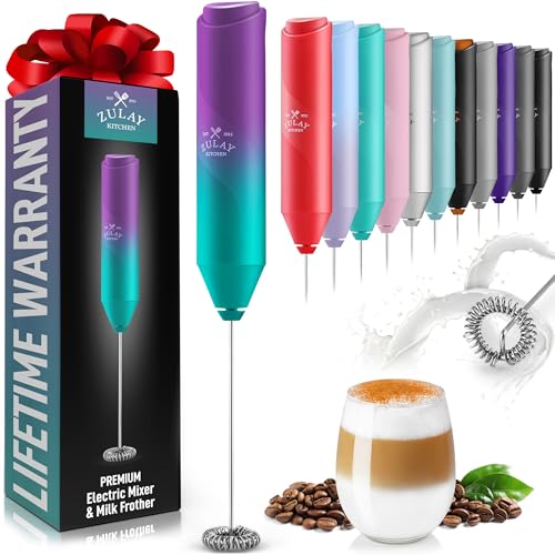 Image of Zulay Kitchen Milk Frother Handheld Battery Operated - Electric Drink Mixer for Coffee, Lattes, Cappuccinos, Matcha & Hot Chocolate - Portable Foam Maker & Coffee Bar Accessory - Eclipse Purple Teal