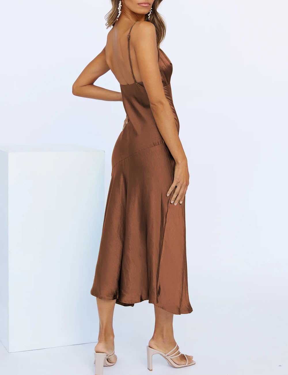 Abito Midi Estivo in Raso con Scollo a V per Le Donne, Ospiti di Nozze 2023, Abiti Lunghi Sexy con Spalline Senza Spalline con Spacco