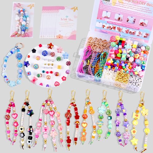 Wurosi 865 Pcs Bead Keychain Kit DIY Bead Keychain Making Kit Bag Charm Kit with Acrylic Heart Flower Alphabet Beads Key Chain Supplies for Jewerly Making Kit