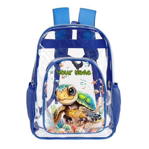 Custom Turtle Clear Backpack Heavy Duty for Girls Kids Boys Women Men - Large Cute PVC Sea Turtles Theme Printing Transparent Backpacks for Schools Stadium Concerts Work - Clear/Blue2