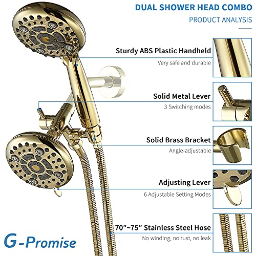 G-Promise High Pressure Dual Shower Head Combo | 72 Inches Flexible Stainless Steel Hose, 3-Way Solid Brass Diverter Bracket (Polished Brass) #TOP1
