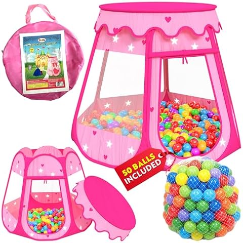 Playz Ball Pit Princess Castle Play Tent for Girls w/ 50 Balls Included - Pop Up Children Play Tent for Indoor & Outdoor Use - Playland Playhouse Tent w/ & Glow in The Dark Stars & Zipper Storage Case Cover
