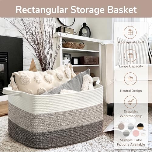 Goodpick Large Woven Storage Basket, 21.6"x14.9"x11.8", Blanket Storage for Bedroom and Living Room, Rectangle Rope Baskets for Storage, White Brown