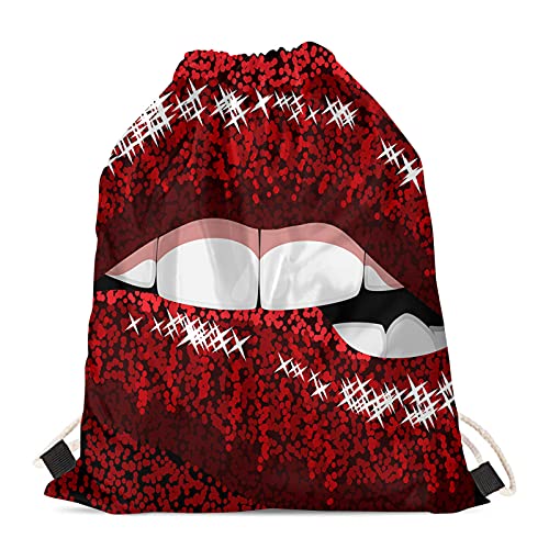 Poceacles Lip Print Drawstrinf Backbag for Girls Women, Lightweight Durable Sportbag for Hiking Yoga Travel Shopping Gym Sacks, Red