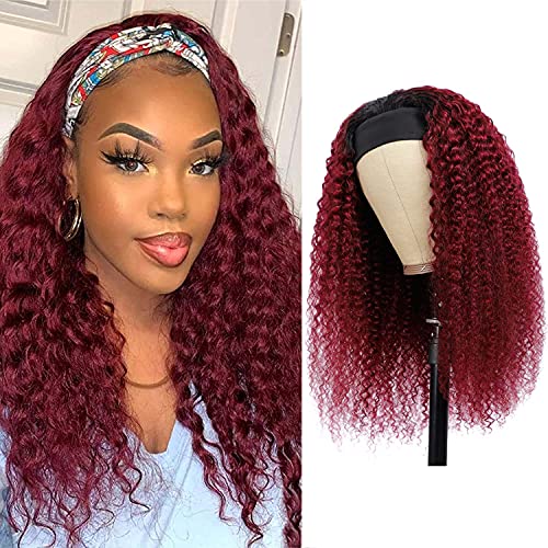 Seelaak Ombre Red Curly Headband Wig Glueless None Lace Front Half Wigs 100% Brazilian Human Silky Curly Hair Machine Made Headband Wig for Black Women 180% Density 18 Inches