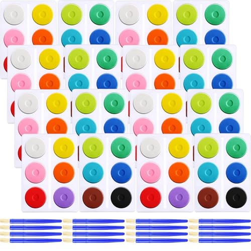 Nuanchu 8 Set 96 Pcs Tempera Paint Cakes with Tray 12 Colors 2.24 x 0.71 Inch Painting Cakes with Paintbrush Paints Blocks Art Supplies for Art Sessions Drawing Artists Beginners