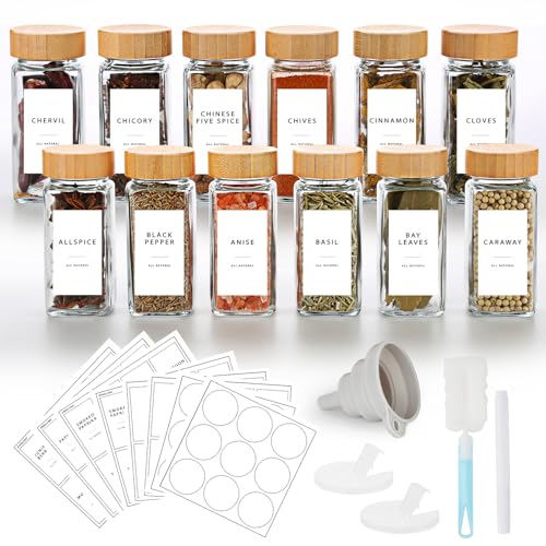 Lannvan Pot à Épices en Verre et Bois - 12 Pièces 120ml Bocaux à Épices avec 246 Étiquettes Françaises - Boite a Cuisine Rangement avec Tamis, Entonnoir