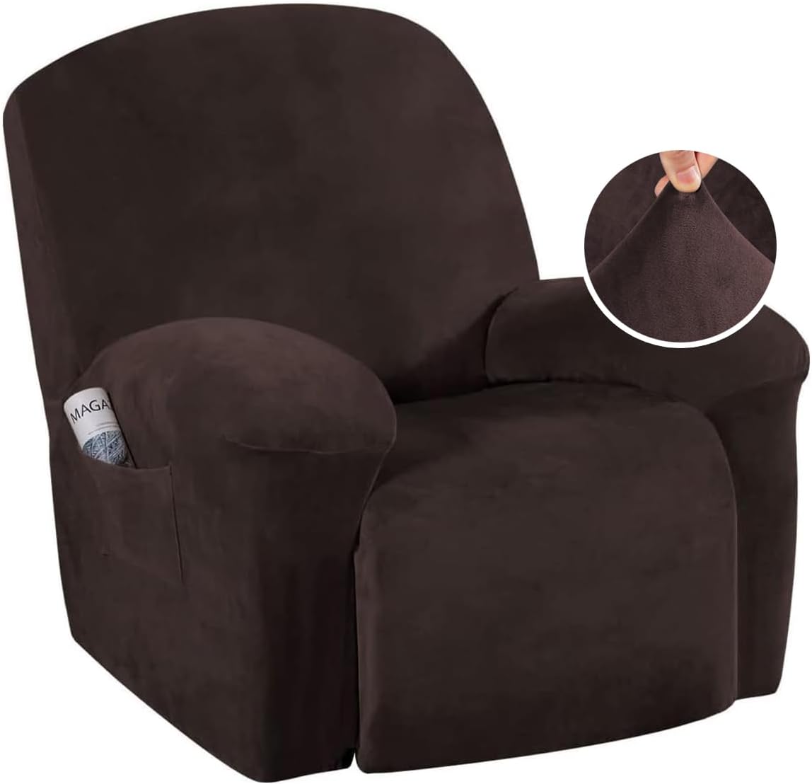 H.VERSAILTEX Velvet Plush Slip Covers for Recliners with Arms 1-Piece Stretch Recliner Chair Covers Furniture Protector Couch Soft with Elastic Bottom Anti-Slip(Recliner, Brown)