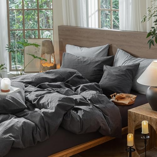 Image of MooMee Wavy Striped Duvet Cover Set 100% Washed Cotton Linen Like Textured Breathable Durable Soft Comfy (Charocal Grey, King 104 inchx90 inch)