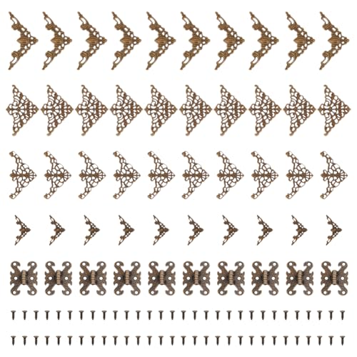 PH PandaHall 10sets Vintage H-Shape Hinge with 40pcs Corner Protectors Jewelry Box Hinges Decorative Metal Edge Covers Antique Bronze Wooden Box Hardware Kit for DIY Jewelry Boxes Cabinet Toolbox
