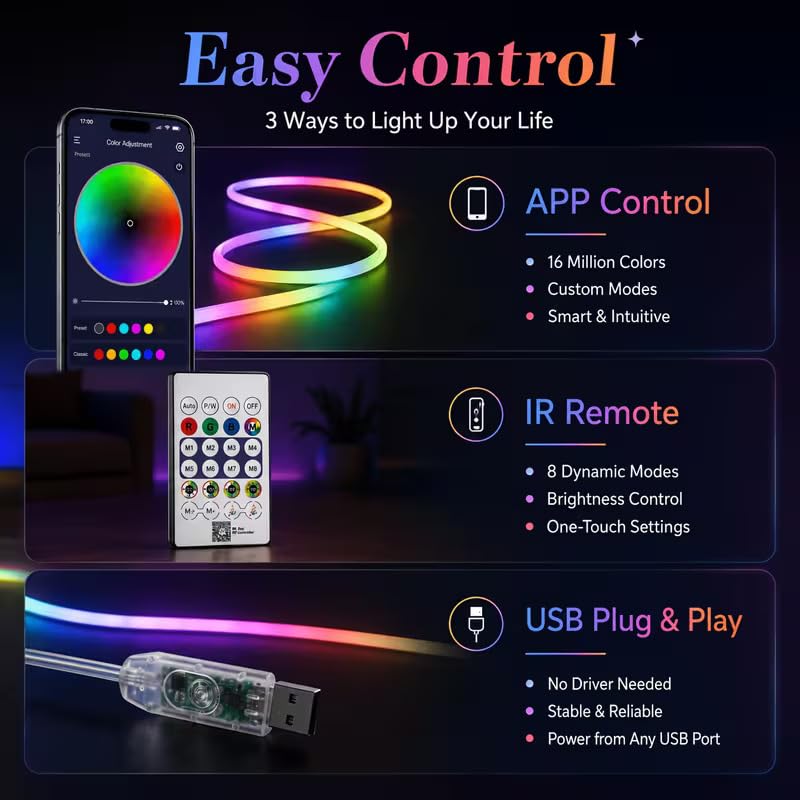 Image of Niwlix 5 Meter Smart RGB Neon LED Strip Lights with App & Remote Control, USB Powered, Waterproof & Flexible Music Sync Rope Light for Room, Gaming, Party, Diwali & Home Party Decoration