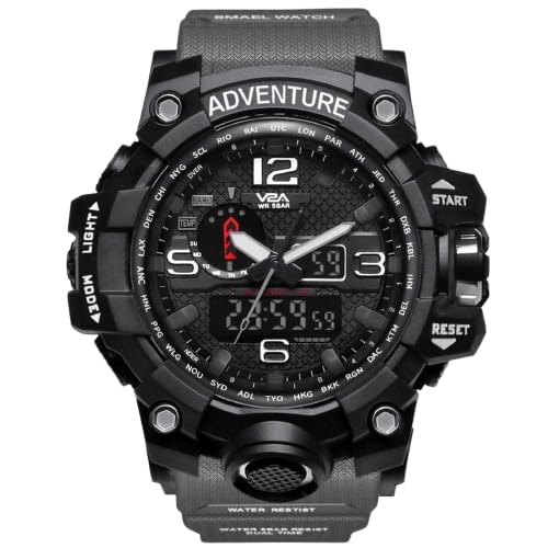 V2AMen Black Dial Black Band Chronograph Analogue and Digital Sports Watch | Stop Watch | Back Light | 50M Waterproof | Alarm | Calender | Gift