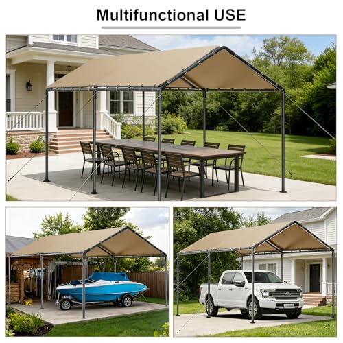 10x20 FT Heavy Duty Carport Car Tent Car Canopy Storage Shed,Portable Garage Party Tent,Portable Garage All-Season Tarp for Car,Truck,SUV,Party (Beige) - Thumbnail 4