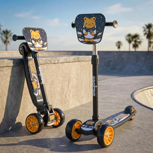 Image of Baybee Trickster Baby Kick Scooter for Kids | Foldable 3 Wheel Kids Scooter with 4 Height Adjustable, Foot Brake | Runner Scooters with Magic Board | Skate Scooter for 2+ Years Boy Girl (Black /Yellow)