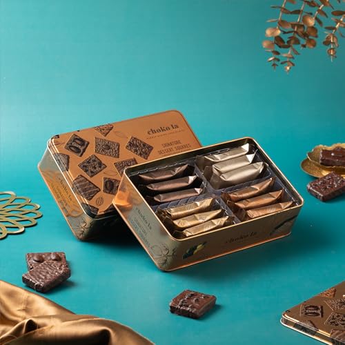 Image of Chokola Signature Dessert Square Chocolate Hamper - Premium Sponge Cake Enrobed in Dark Chocolate (Brownie) with Assorted Flavours & Nuts | Luxury Chocolate Gift Box for Festivals Celebrations (180g, 12 pcs)