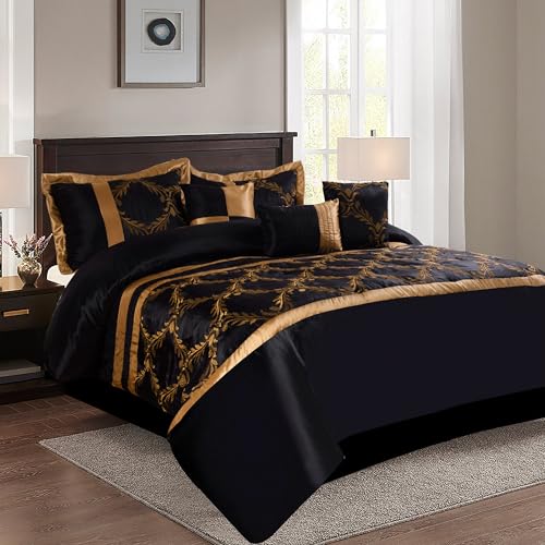 HIG 7 Piece Bed in A Bag Comforter Set Queen - Black and Gold Faux Silk Fabric Embroidered - Breathable and Wrinkle Resistant -1 Comforter, 2 Shams, 3 Decorative Pillows, 1 Bedskirt