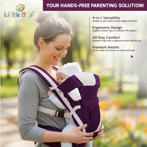 Image of LittleBoo New Born Baby Carrier Bag 4-in-1 Adjustable Baby Sitting Carrier Bag - Front & Back Carry with Head Support, Safety Belt & Buckle Straps for 0-24 Months (Purple)