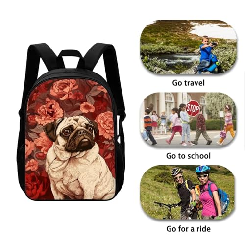Pug Red Peony Travel Backpack for Girls Boys School Backpack Kids Laptop Backpack2