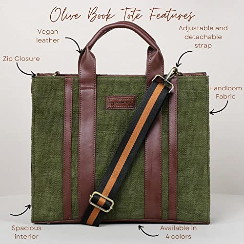 Image of Book Tote Handbag | Handloom Woven Cotton And Vegan Leather | Laptop | Tote Bags for Women For Office Use, Work | Ladies Stylish Shoulder Bag | Ethically Sourced, Lightweight