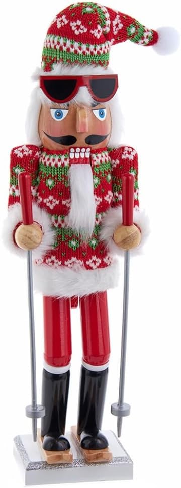 Kurt Adler 15-Inch Ski Santa Nutcracker with Sweater, Knit Hat & Sunglasses – Red, Green & White Winter Lodge Decor – Wood and Fabric Mache