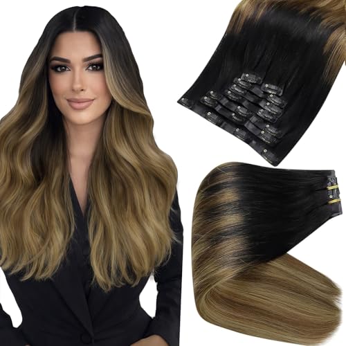 Image of Full Shine Seamless Clip in Hair Extensions Human Hair, Balayage Color 1B /6 /27, 12 Inch 80g 8 Pcs