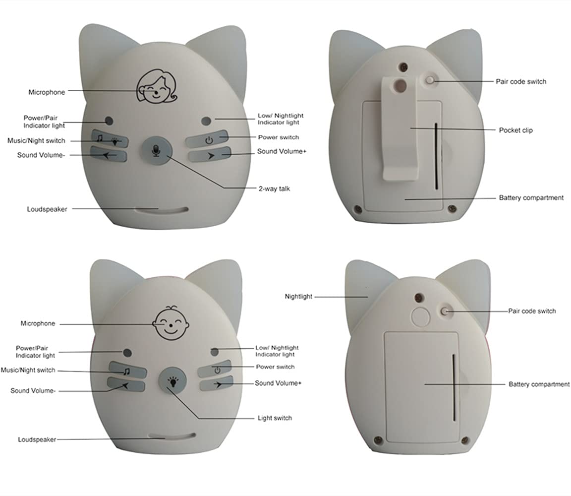 Bébé Moniteur Portable sans Fil, Ecoute-bébé Babyphone 2.4GHz, Talkie-walkie, Interphone Bidirectionnel, Audio, veilleuse, Diffusion Vocale Numérique (Rose)